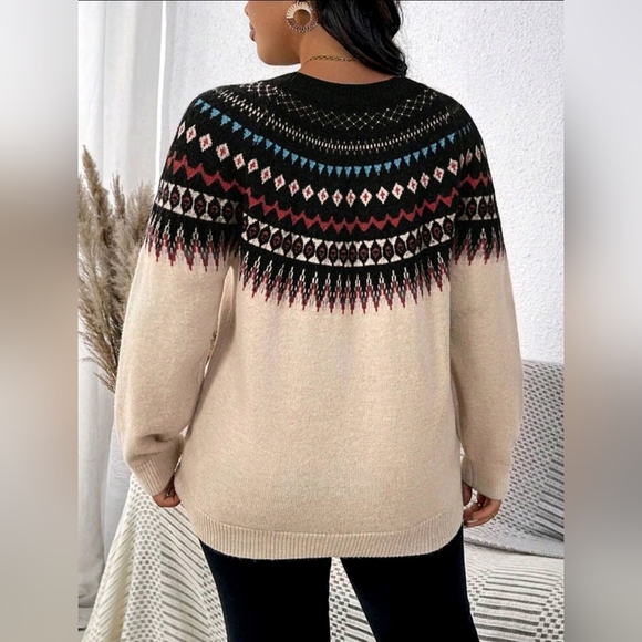 New Fair Isle Knit Sweater Top Pullover PLUS Cream Black Blue - Picture 4 of 8